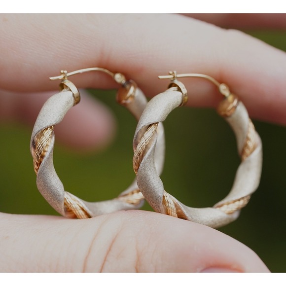 Vintage 14k Solid Yellow Gold Sterling Silver Hoop Earrings - Wire Braid Twist